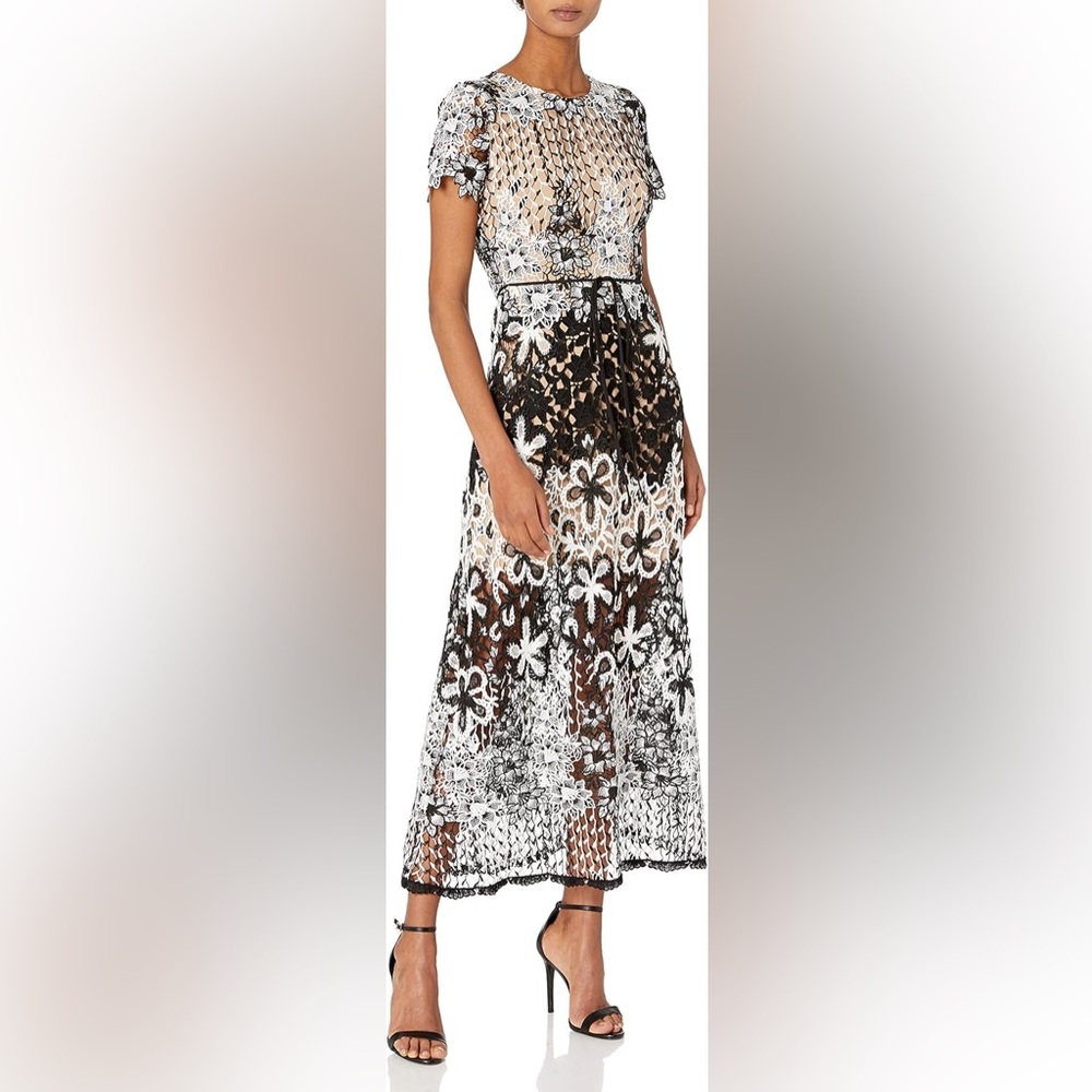 Monique Lhuillier Black and White Floral Lace Midi Dress